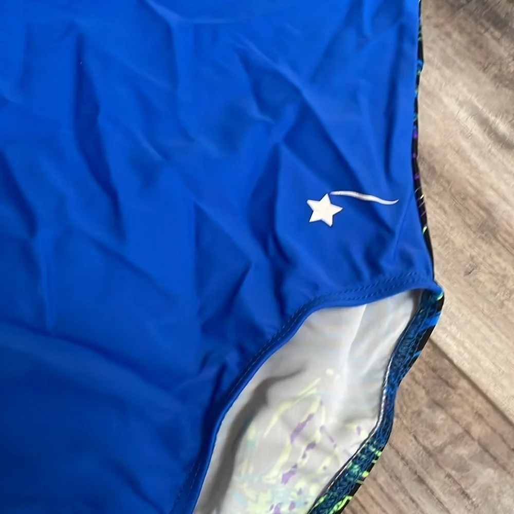 Destira Blue Leaf Print Sleeveless Gymnastics Leotard child large size 10